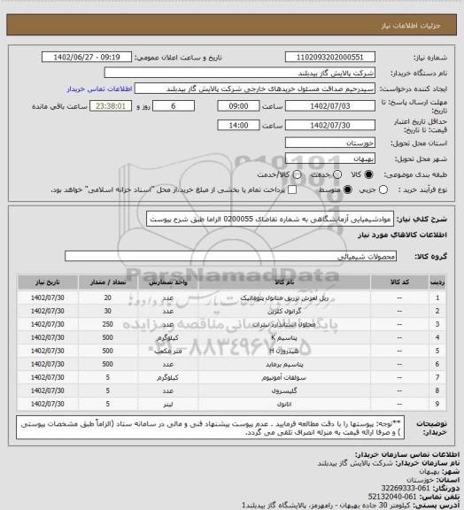 استعلام موادشیمیایی آزمایشگاهی به شماره تقاضای 0200055 الزاما طبق شرح پیوست