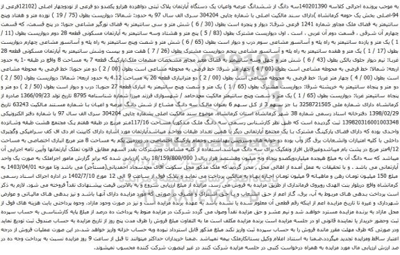 آگهی مزایده سه دانگ از ششدانگ عرصه واعیان یک دستگاه آپارتمان پلاک ثبتی دواهزده هزارو یکصدو دو فرعی از نودوچهار اصلی