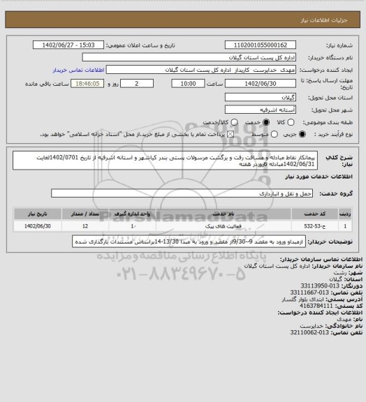 استعلام پیمانکار نقاط مبادله و مسافت رفت و برگشت مرسولات پستی بندر کیاشهر و استانه اشرفیه از تاریخ 1402/0701لغایت 1402/06/31مبادله 6روزدر هفته