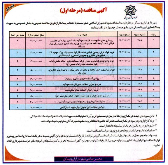 مناقصه زیرسازی معابر صالح دشت ... - مرحله اول نوبت اول