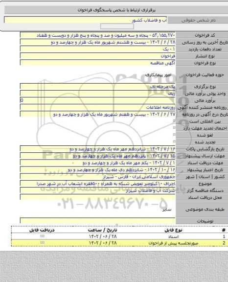 مناقصه, اجرای ۱۰کیلومتر تعویض شبکه به همراه ۵۰۰فقره انشعاب آب در شهر صدرا