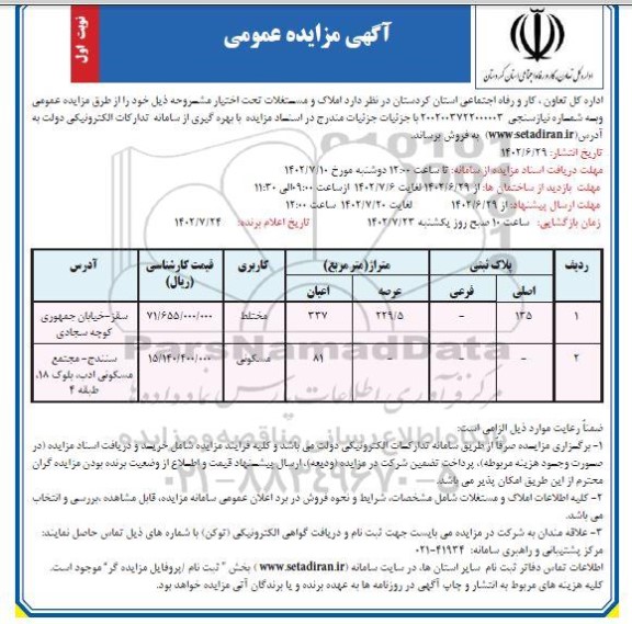 مزایده فروش املاک و مستغلات