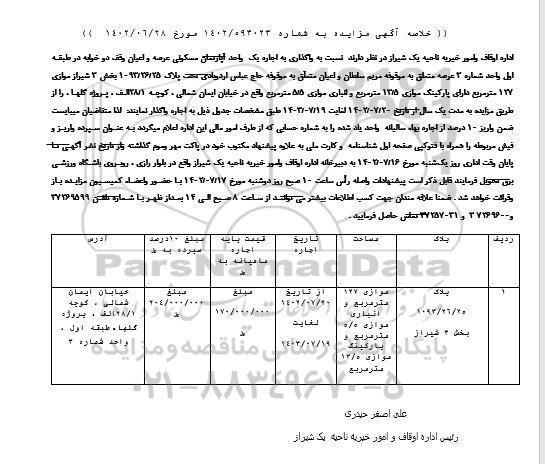 مزایده اجاره یک واحد آپارتمان مسکونی