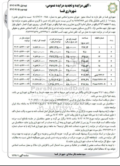 مزایده فروش نقدی اراضی تفکیکی پلاک ثبتی ...