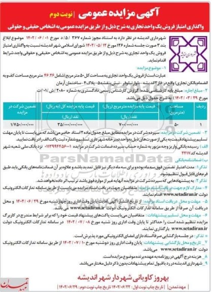 مزایده واگذاری امتیاز فروش یک واحد تجاری نوبت دوم 