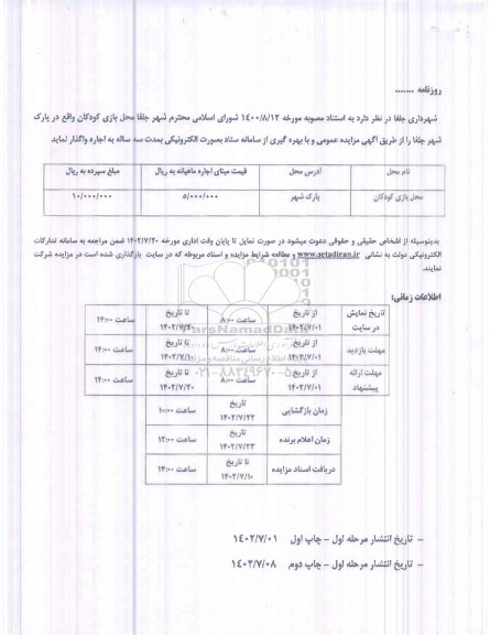 مزایده اجاره محل بازی کودکان واقع در پارک شهر