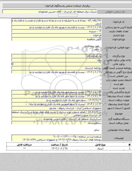 مناقصه, ش/۱۴۰۲/۱۳ - انجام خدمات بهره برداری از پست های فوق توزیع شرکت برق منطقه ای خراسان بصورت حجمی