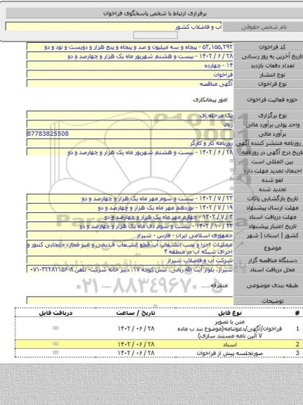 مناقصه, عملیات اجرا و نصب انشعاب آب،قطع انشعاب قدیمی و غیر مجاز، جابجایی کنتور و اجرای شبکه آب در منطقه ۴