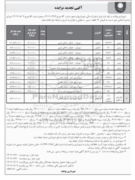 مزایده فروش 12 قطعه زمین مسکونی و تجاری تجدید نوبت دوم