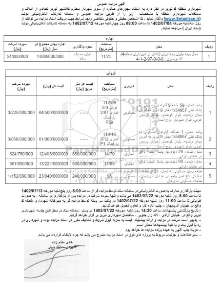 مزایده تعدادی از املاک و مستغلات شهرداری