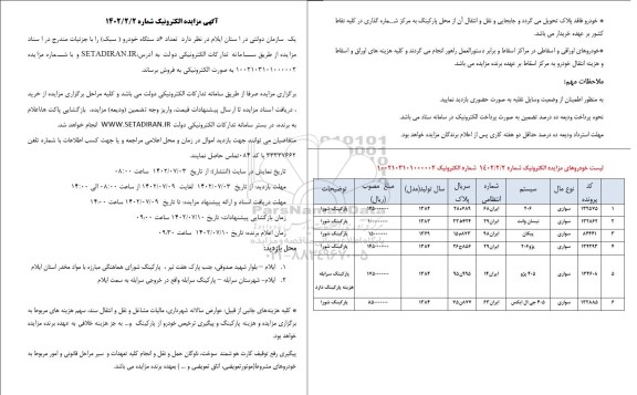 مزایده فروش تعداد 6 دستگاه خودرو (سبک)