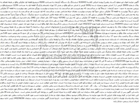 آگهی مزایده ششدانگ یک دستگاه آپارتمان به مساحت 49/69 مترمربع قطعه اول تفکیکی واقع در طبقه همکف به پلاک شماره 25055 فرعی از 1 اصلی