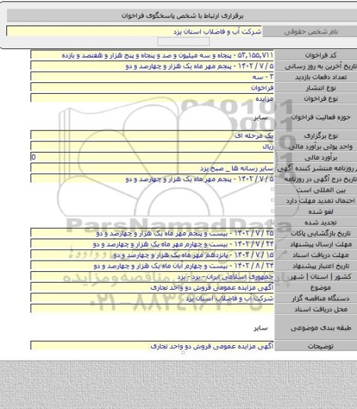 مزایده, آگهی مزایده عمومی فروش دو واحد تجاری