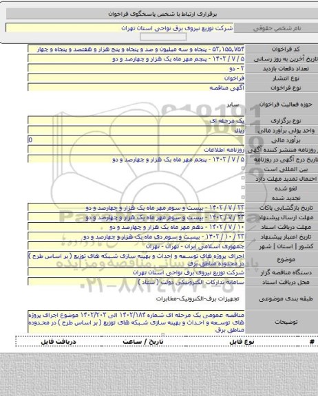 مناقصه, اجرای پروژه های توسعه و احداث و بهینه سازی شبکه های توزیع ( بر اساس طرح ) در محدوده مناطق برق