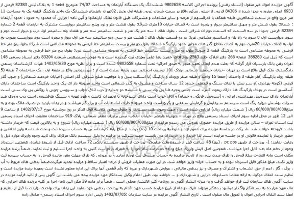 آگهی مزایده ششدانگ یک دستگاه آپارتمان به مساحت 74/07 مترمربع قطعه 1 به پلاک ثبتی 82383 فرعی از 6933 اصلی مفروز و مجزا شده از 84306 فرعی از اصلی