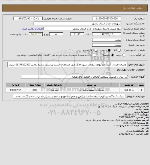 استعلام عملیات لایروبی کانل دفع آبهای سطحی شهر خارگ طبق مشخصات لیست پیوستی 
شماره تماس 09178202823 شیری