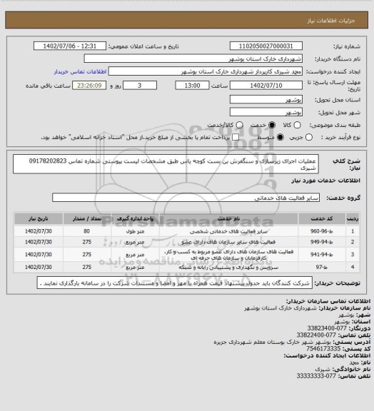 استعلام عملیات اجرای زیرسازی و سنگفرش بن بست کوچه یاس طبق مشخصات لیست پیوستی
شماره تماس 09178202823 شیری