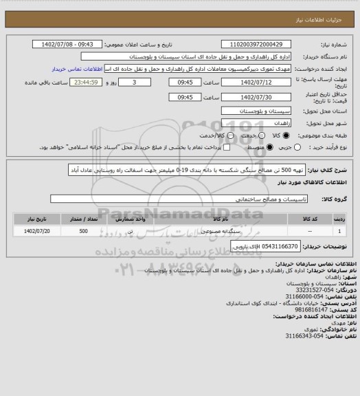 استعلام تهیه 500 تن مصالح سنگی شکسته با دانه بندی 19-0 میلیمتر جهت اسفالت راه روستایی عادل آباد