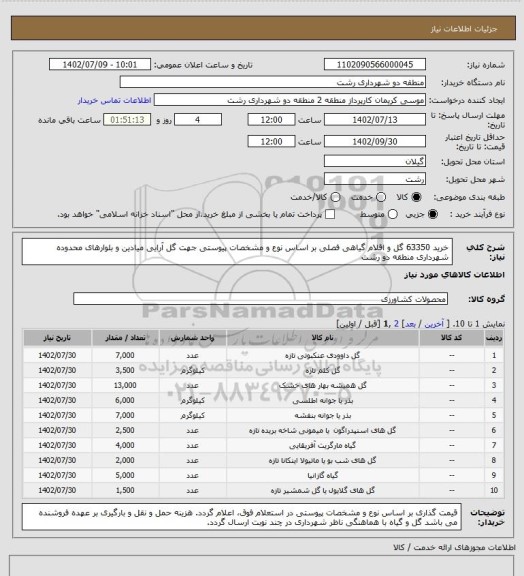 استعلام خرید 63350 گل و اقلام گیاهی فصلی بر اساس نوع و مشخصات پیوستی جهت گل آرایی میادین و بلوارهای محدوده شهرداری منطقه دو رشت