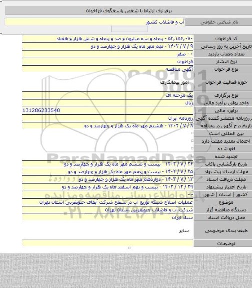 مناقصه, عملیات اصلاح شبکه توزیع اب در سطح شرکت آبفای جنوبغربی استان تهران