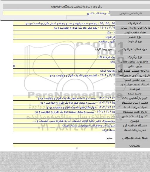 مناقصه, برونسپاری تامین کلیه لوازم انشعاب آب به همراه نصب انشعاب و ...