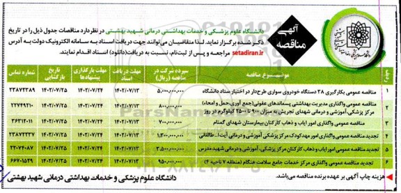 مناقصه عمومی بکارگیری 38 دستگاه خودروی سواری طرح دار ...