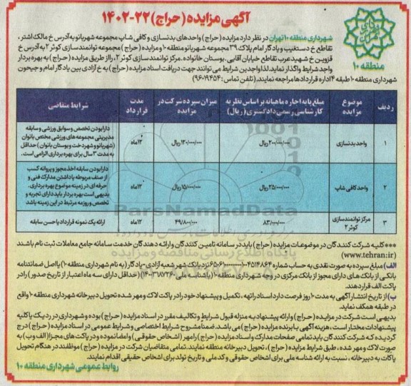 مزایده واگذاری بوفه و واحد کافی شاپ و توانمندسازی 