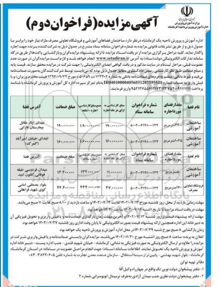 مزایده اجاره واگذاری ساختمان فضاهای آموزشی و فروشگاه تعاونی مصرف مازاد بر نیاز 