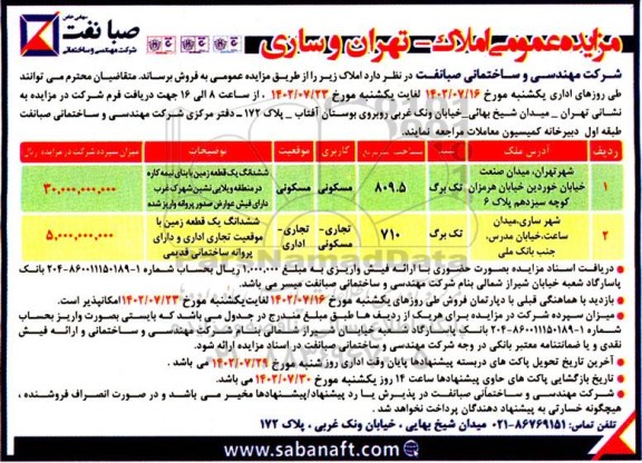 مزایده فروش املاک با کاربری مسکونی ، تجاری - مسکونی ، تجاری - اداری