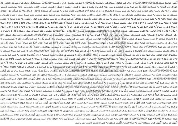 آگهی مزایده ششدانگ محل طرح شرکت تعاونی 31 خوراک دام گلدانه به مساحت 8318/5 متر مربع پلاک هفتصد و سی ونه فرعی از یکصد و چهل و هفت و یکصد و چهل و هشت اصلی