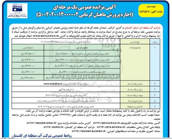 مزایده اجاره پرورش ماهیان گرمابی - نوبت دوم