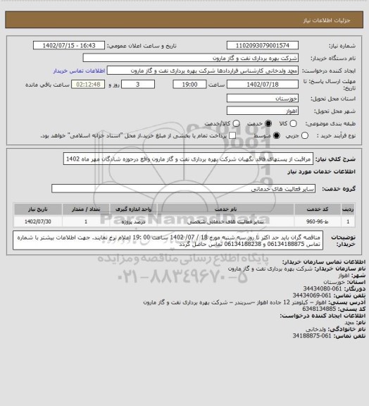 استعلام مراقبت از پستهای فاقد نگهبان شرکت بهره برداری نفت و گاز مارون واقع درحوزه شادگان مهر ماه 1402