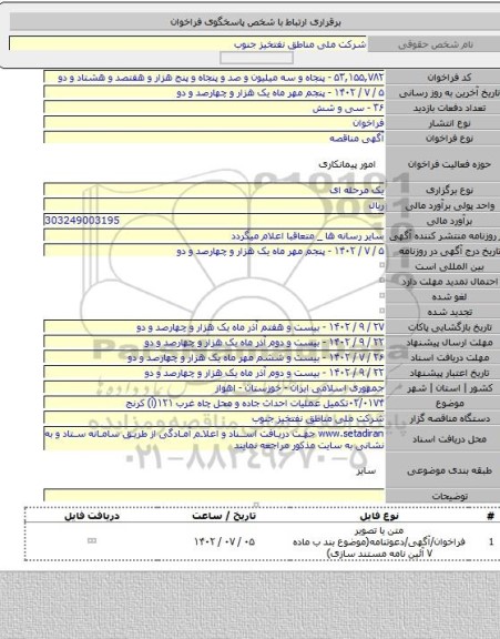 مناقصه, ۰۲/۰۱۷۴تکمیل عملیات احداث جاده و محل چاه غرب ۱۲۱(آ) کرنج