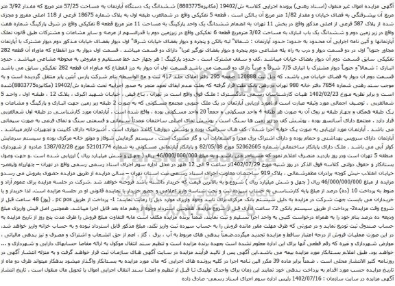 آگهی مزایده ششدانگ یک دستگاه آپارتمان به مساحت 57/25 متر مربع که مقدار 3/92 متر مربع