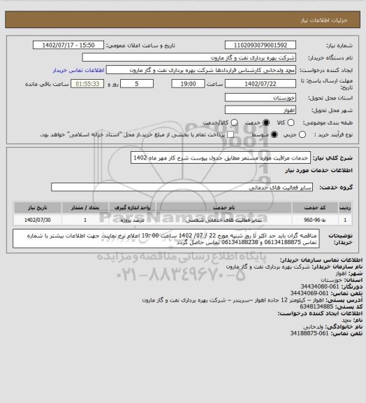 استعلام خدمات  مراقبت موارد مستمر مطابق جدول پیوست شرح کار مهر ماه 1402