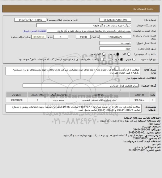 استعلام مراقبت از ابزارآلات،دستگاه ها ،خطوط لوله و چاه های حوزه عملیاتی شرکت مارون واقع درحوزه روستاهای ابو یرو، مسلمیه ،فرهه و عین الزمان مهر  ماه