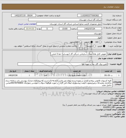 استعلام تعویض کابل های منازل سازمانی شرکت گاز (نیوساید) خط 2 اصلی