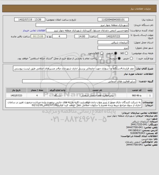 استعلام عقد قرارداد4دستگاه ون سواری جهت جابجائی پرسنل اداری شهرداری م4در مسیرهای اعلامی طبق لیست پیوستی