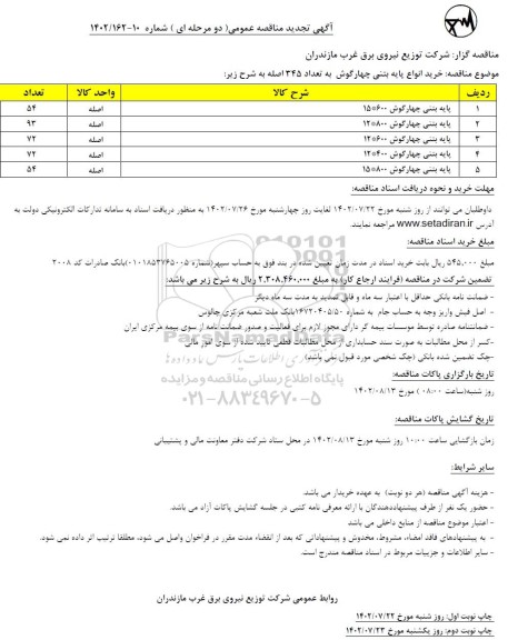 مناقصه خرید انواع پایه بتنی چهارگوش تجدید نوبت دوم 