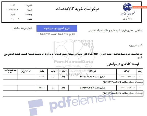 استعلام میکروداکت جهت اجرای ftth ...