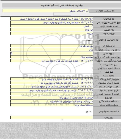 مزایده, فروش ۱۷ قطعه زمین در شهر پرند