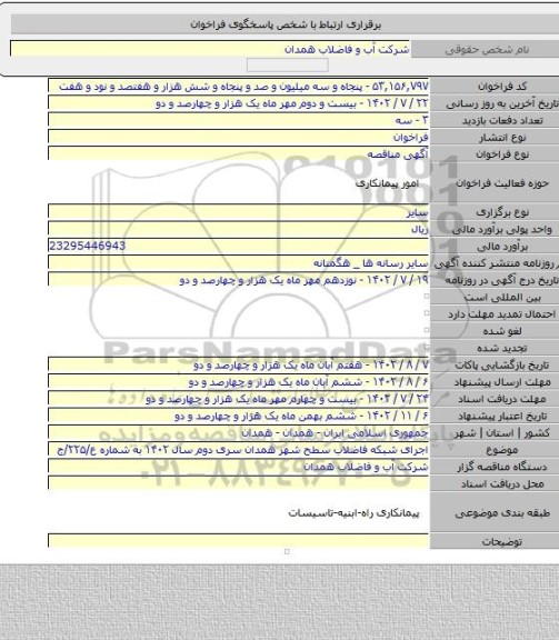 مناقصه, اجرای شبکه فاضلاب سطح شهر همدان سری دوم سال ۱۴۰۲ به شماره ع/۲۲۵/ج