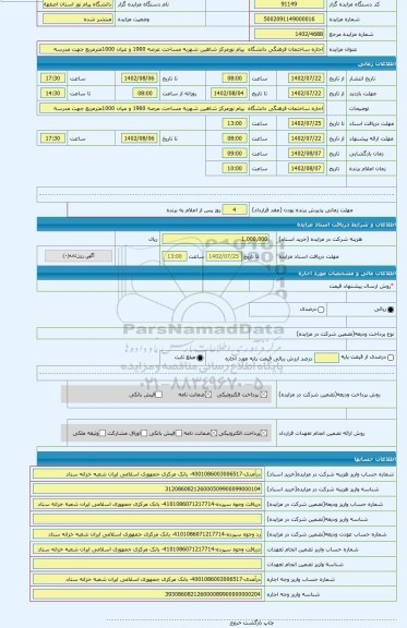 مزایده ، اجاره ساختمان فرهنگی دانشگاه  پیام نورمرکز شاهین شهربه مساحت عرصه 1900 و عیان 1000مترمربع جهت مدرسه