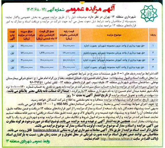 مزایده حق بهره برداری از واحد مزون و ...