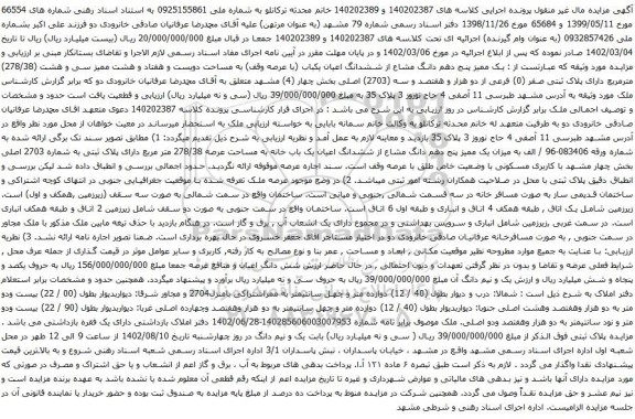 آگهی مزایده  یک ممیز پنج دهم دانگ مشاع از ششدانگ اعیان یکباب (با عرصه وقف) به مساحت دویست و هفتاد و هشت ممیز سی و هشت 