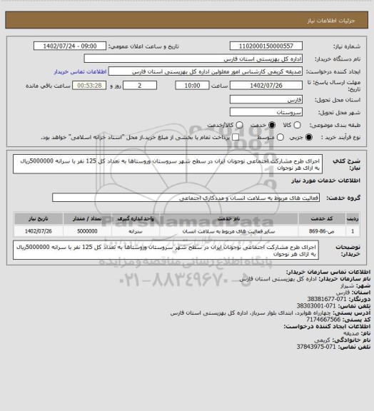 استعلام اجرای طرح مشارکت اجتماعی نوجونان ایران در سطح شهر سروستان وروستاها به تعداد کل 125 نفر با سرانه 5000000ریال به ازای هر نوجوان