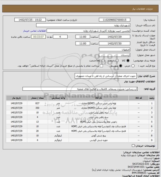 استعلام جهت اجرای عملیات آبرسانی از راه اهن تا میدان جمهوری