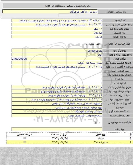 مزایده, بهره برداری از واحد بلیط فروشی بندرعباس