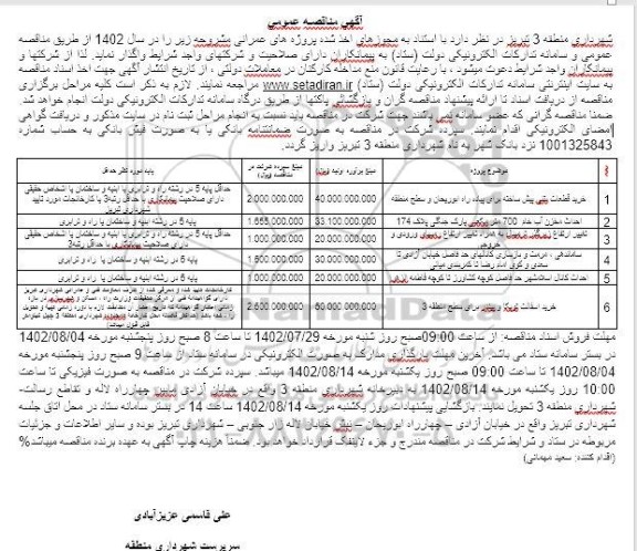 مناقصه خرید قطعات بتنی پیش ساخته برای پیاده‌راه و ....