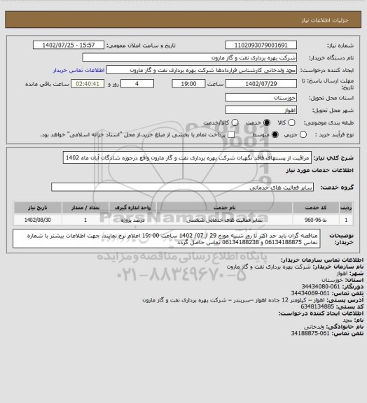 استعلام مراقبت از پستهای فاقد نگهبان شرکت بهره برداری نفت و گاز مارون واقع درحوزه شادگان آبان ماه 1402